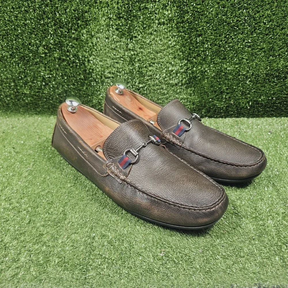 Martin Dingman Bermuda Brown Pebble Grain Leather Horse Bit Loafers Mens Size 15